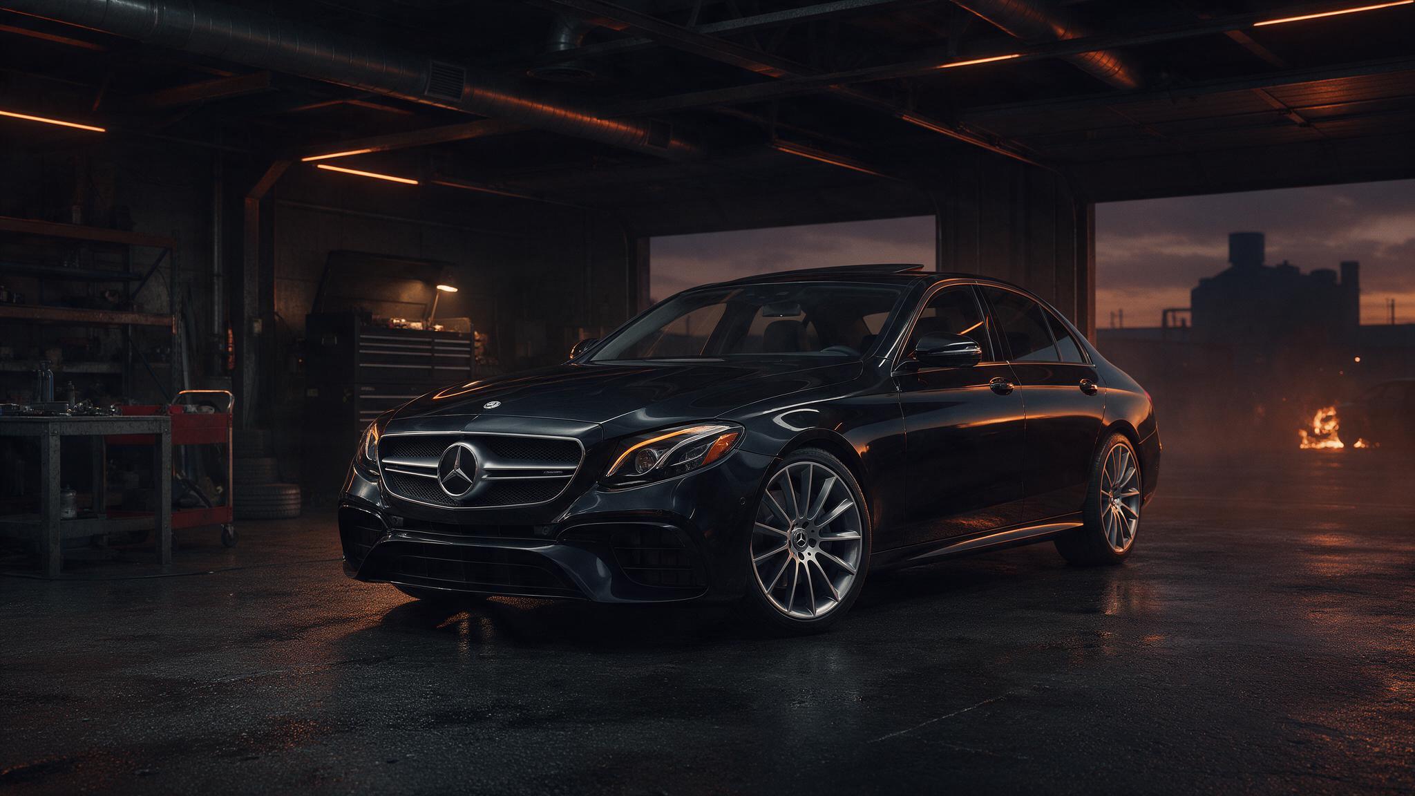 Mercedes-Benz E-Klasse W213 400d in donkere tuningwerkplaats