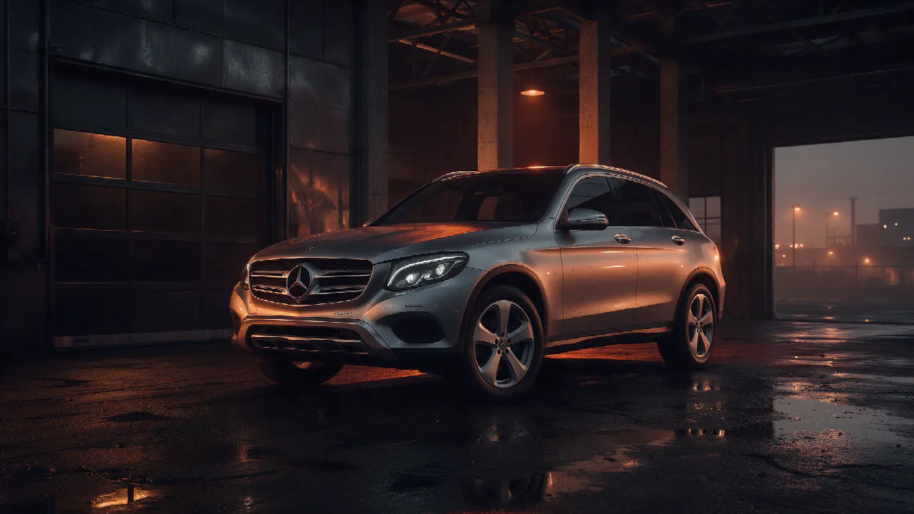 Mercedes GLC 200 4MATIC in donkere werkplaats bij dusk met oranje licht