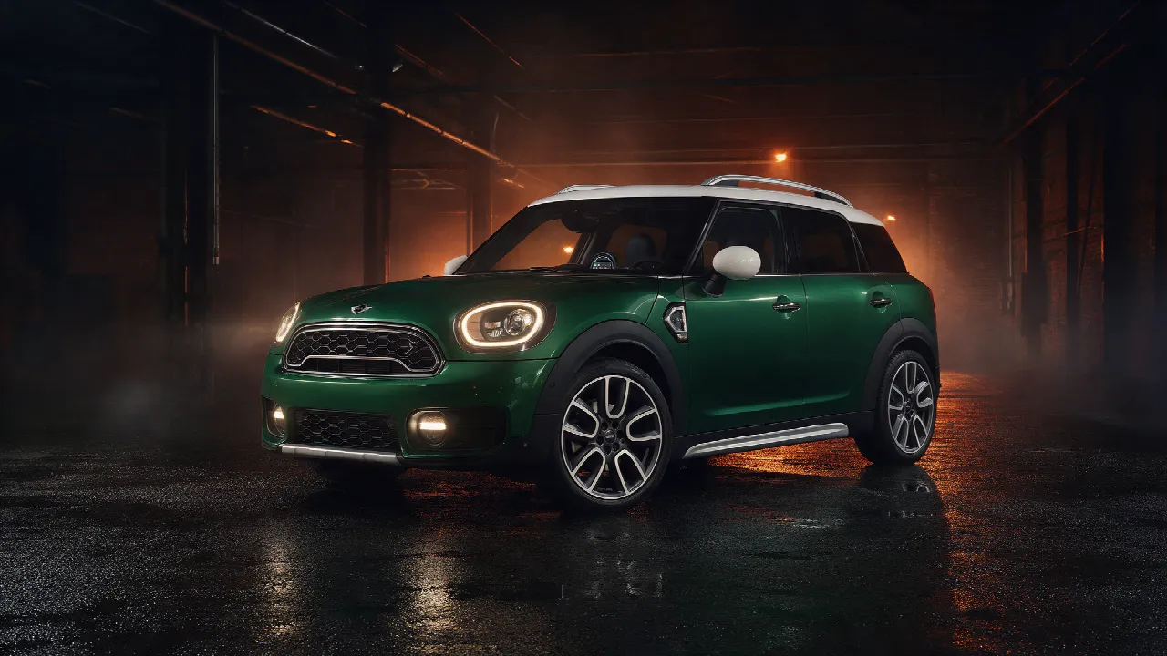 Mini Countryman F60 in donkere werkplaats bij dusk met oranje licht