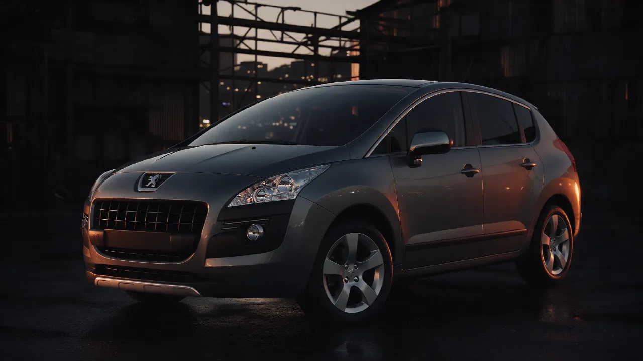 Peugeot 3008 2.0 HDi in donkere werkplaats bij dusk met oranje licht