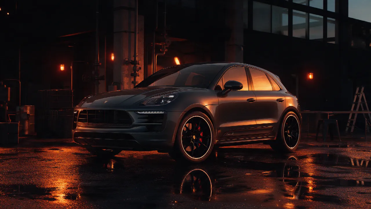 Porsche Macan S in donkere werkplaats bij dusk met oranje licht