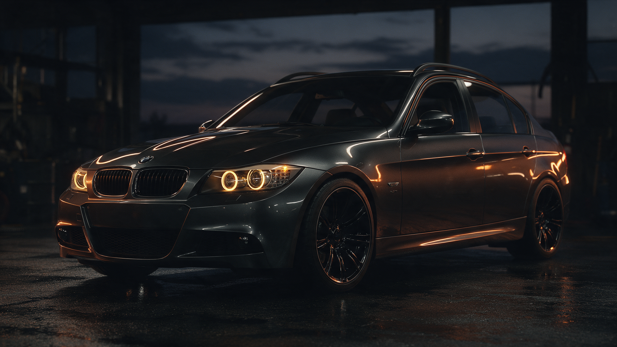 BMW 335d E90 in donkere werkplaats met oranje verlichting