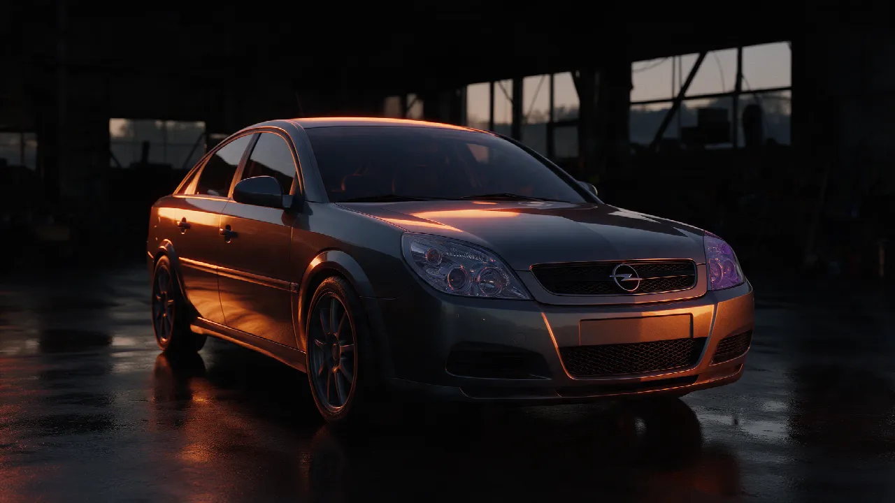 Opel Vectra C 2.8 V6 Turbo in een donkere werkplaats