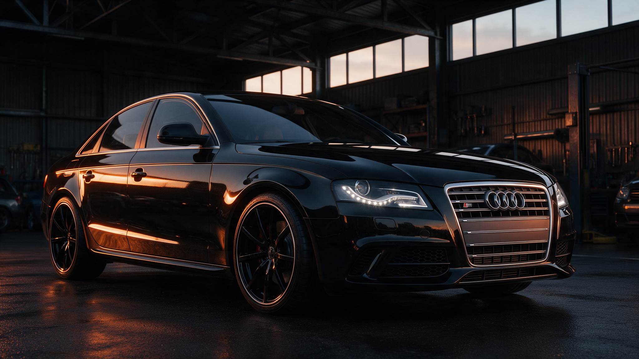 Audi A4 B8 2.0 TFSI in donkere werkplaats met oranje verlichting