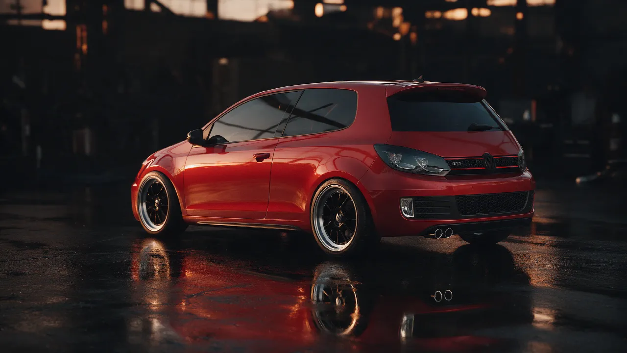 Volkswagen Golf 6 GTI in donkere werkplaats met oranje verlichting