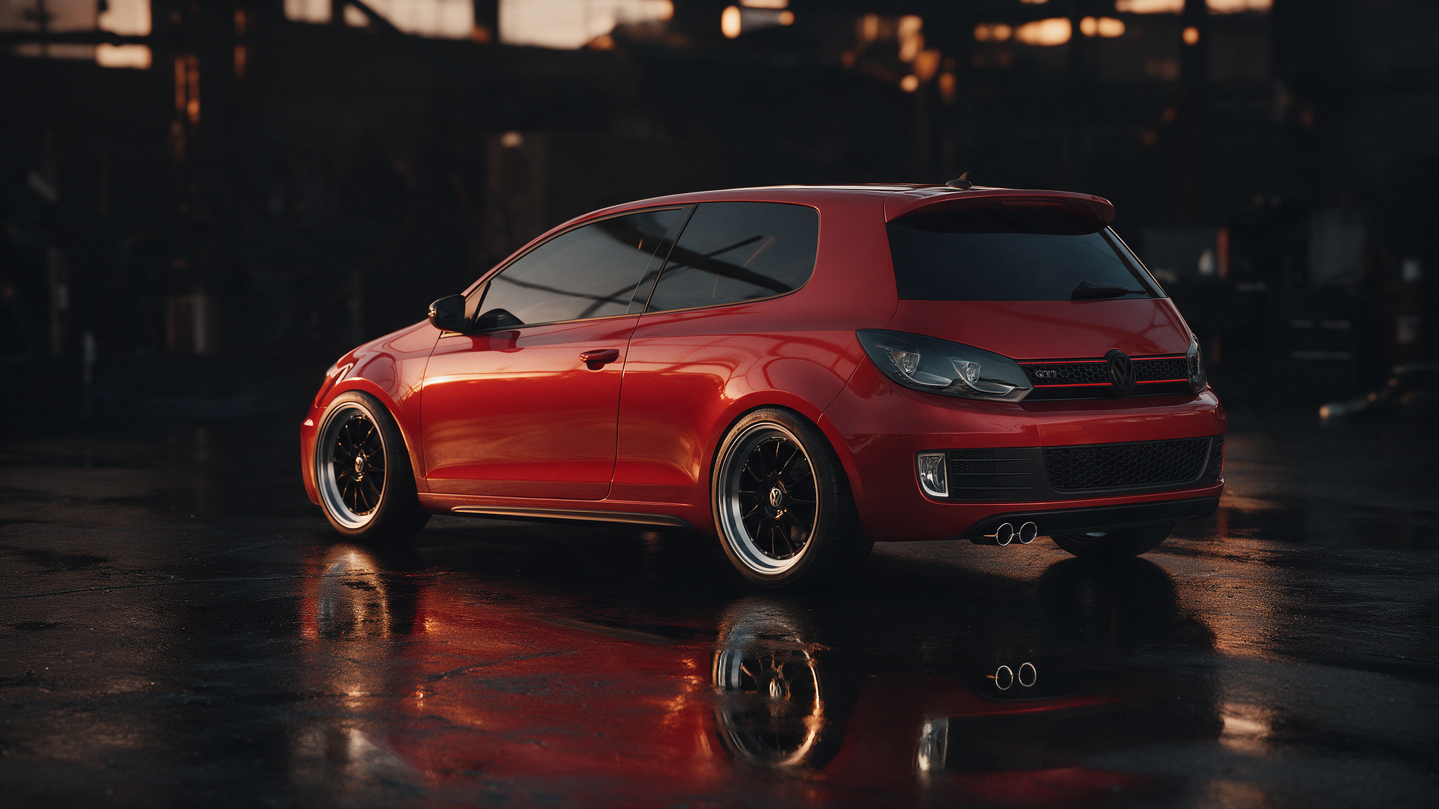 Volkswagen Golf 6 GTI in donkere werkplaats met oranje verlichting