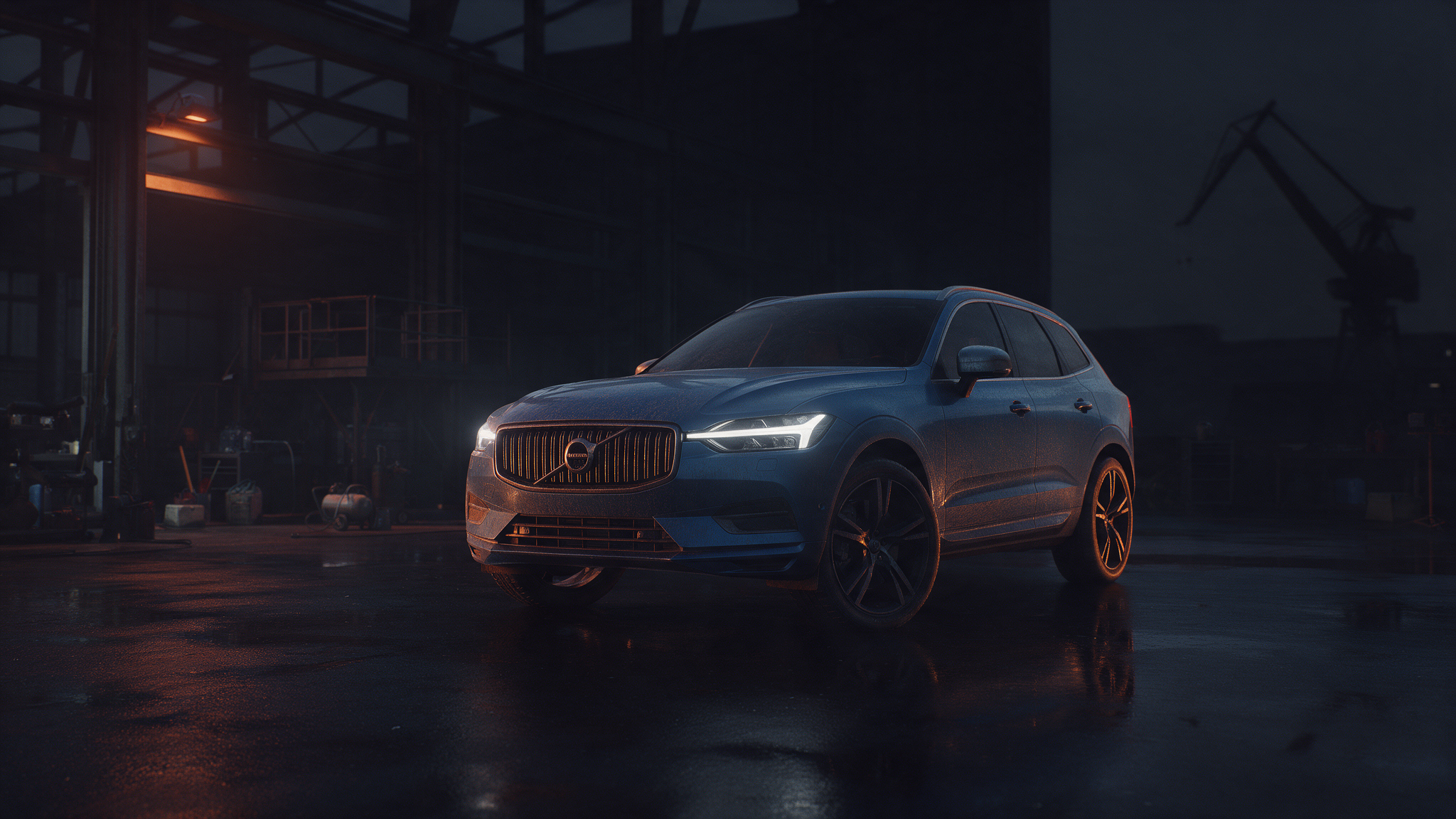 Volvo XC60 T4 in donkere werkplaats met oranje verlichting