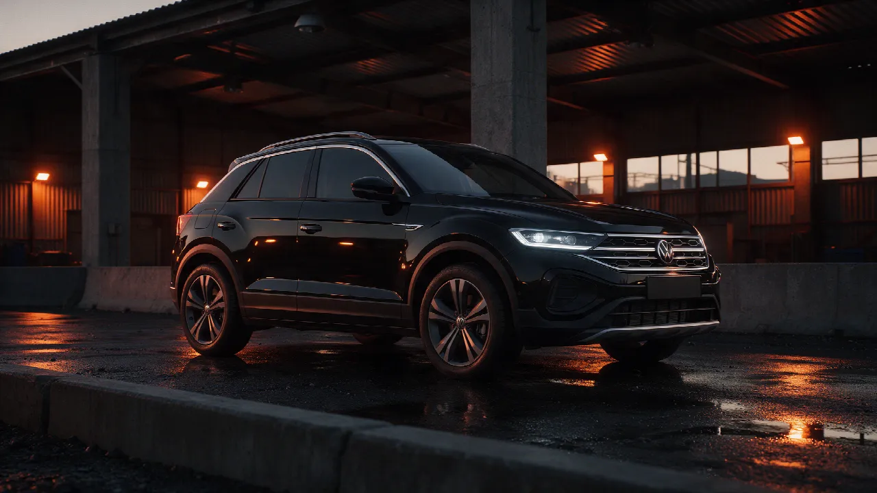 Volkswagen T-Roc 2.0 TSI in donkere werkplaats met oranje verlichting