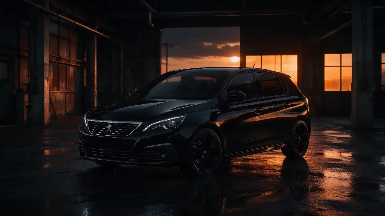 Peugeot 308 hatchback in donkere werkplaats met oranje verlichting