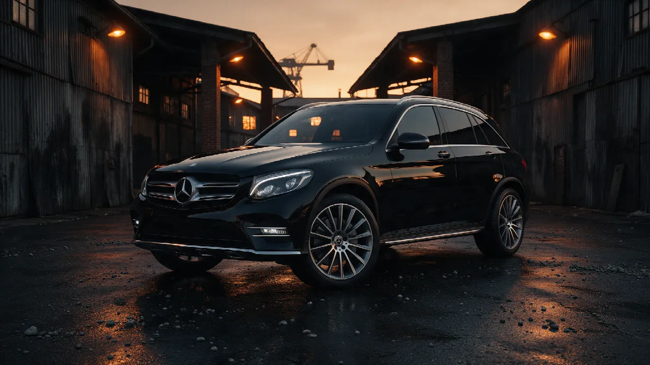 Mercedes-Benz GLC 400d in donkere werkplaats met oranje verlichting