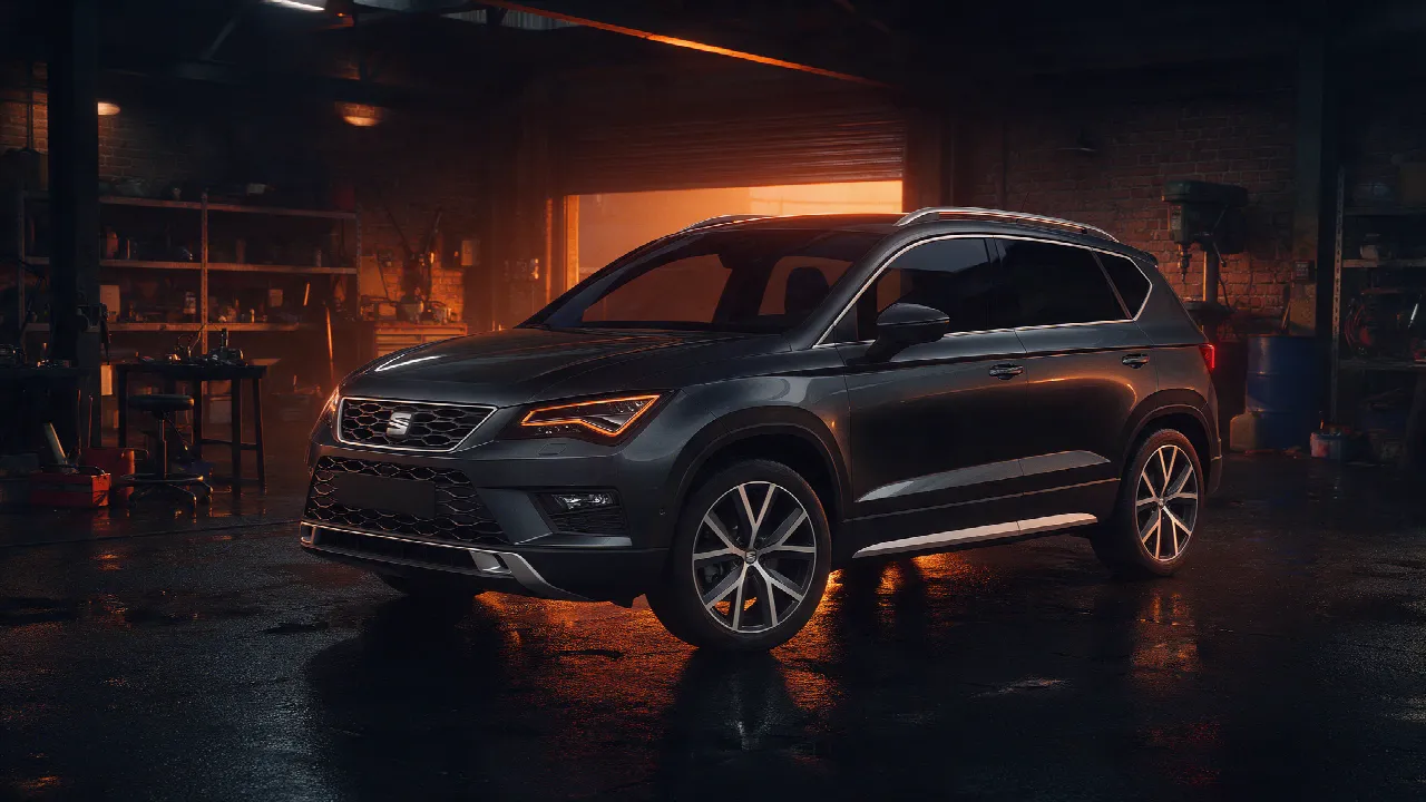 Seat Ateca in donkere werkplaats met oranje verlichting
