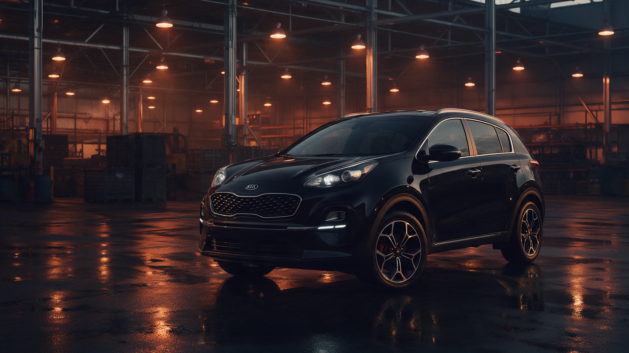 Kia Sportage in donkere werkplaats met oranje verlichting