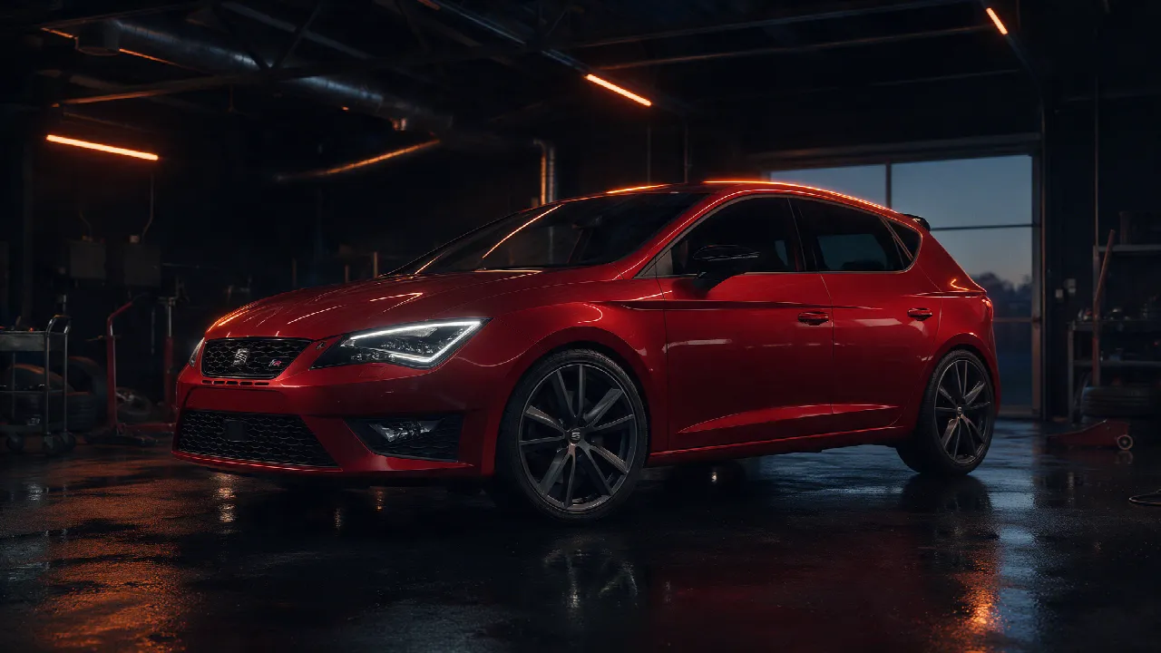 Seat Leon 5F 1.8 TSI in donkere werkplaats met oranje verlichting