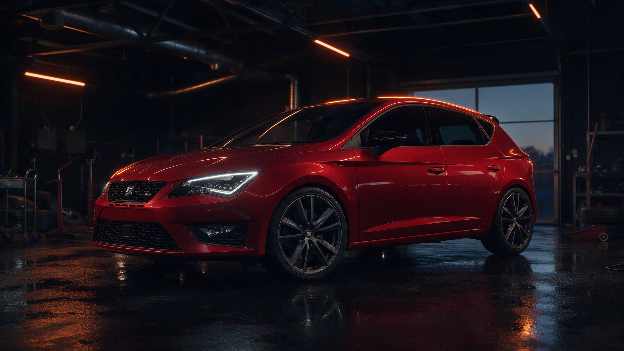 Seat Leon 5F 1.8 TSI in donkere werkplaats met oranje verlichting