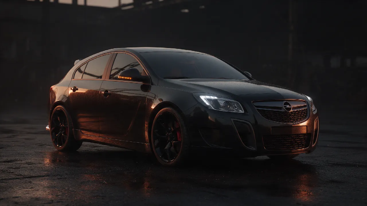 Opel Insignia in donkere werkplaats met oranje verlichting