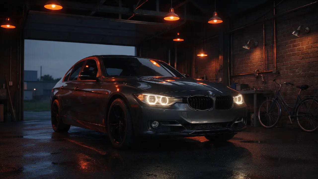 BMW 3 Serie F30 in donkere werkplaats met oranje verlichting