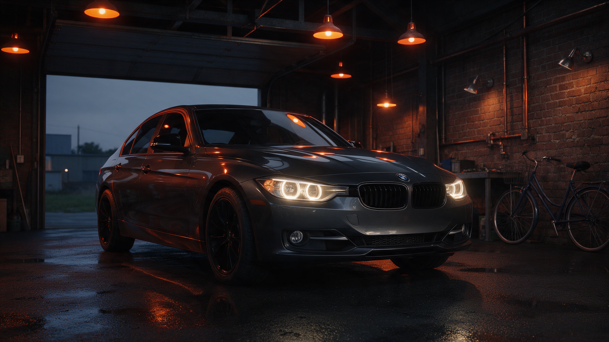 BMW 3 Serie F30 in donkere werkplaats met oranje verlichting