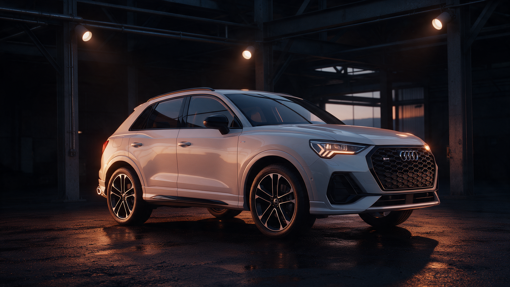 Audi Q3 40 TFSI in donkere werkplaats met oranje verlichting