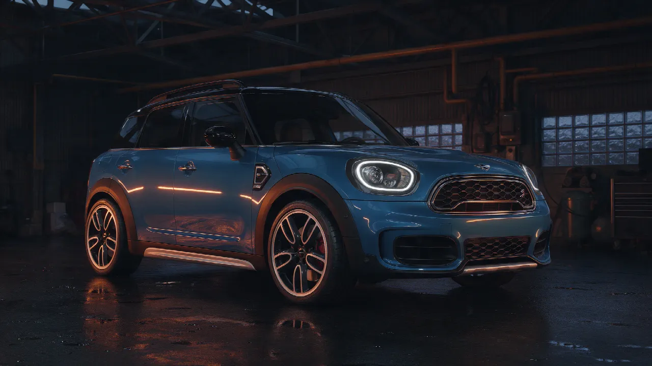 Mini Countryman F60 Cooper S in donkere werkplaats met oranje verlichting