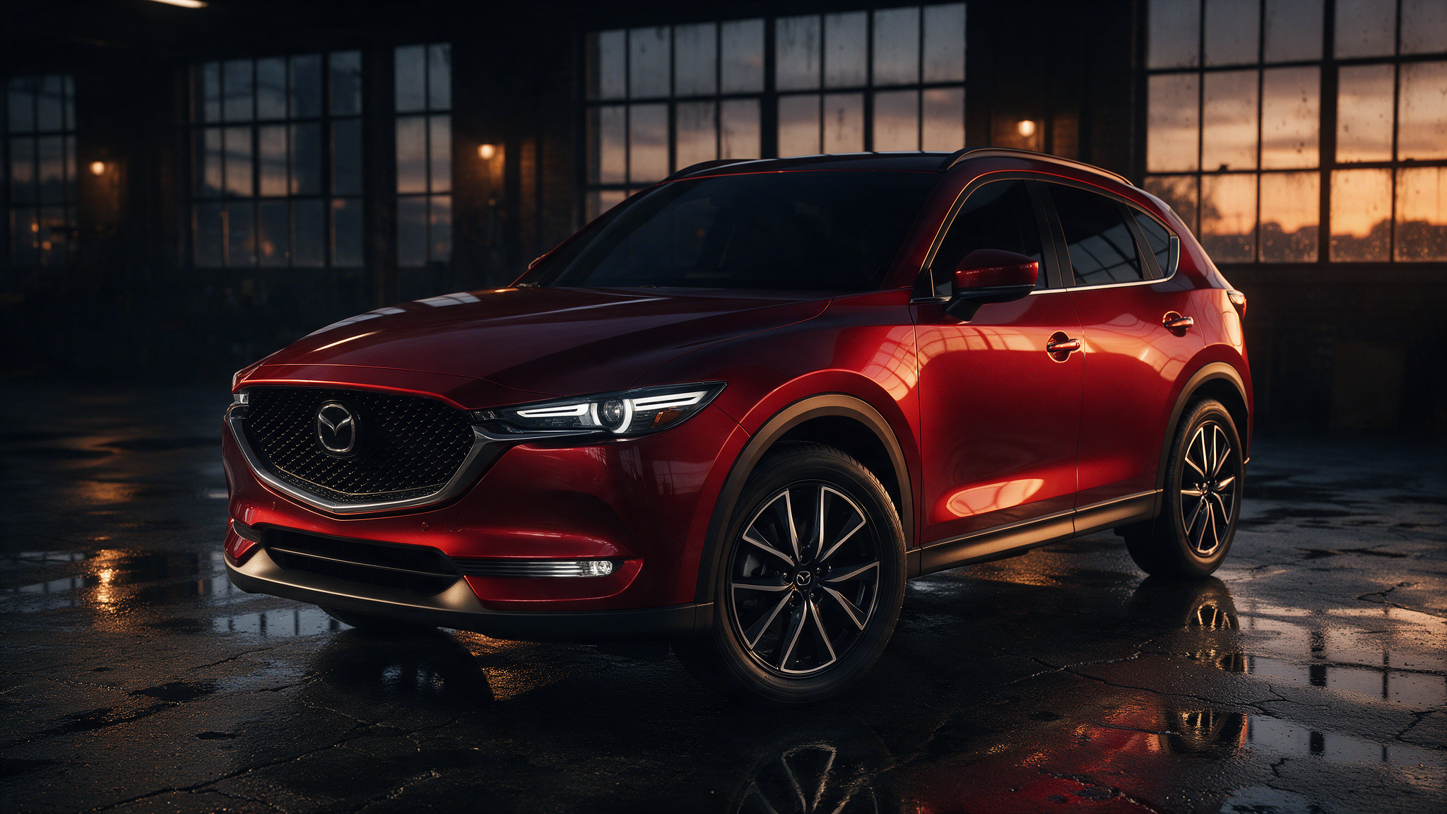 Mazda CX-5 2.2 SkyActiv-D in donkere werkplaats met oranje verlichting