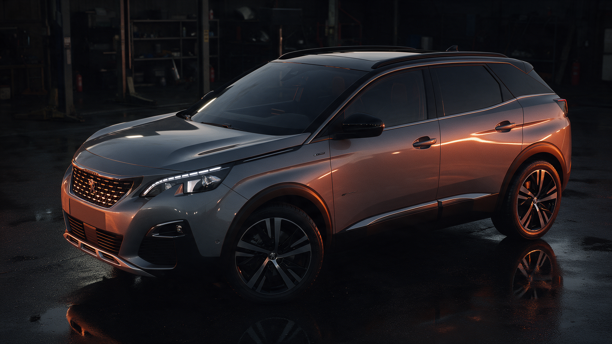 Peugeot 3008 2.0 BlueHDi in donkere werkplaats met oranje verlichting