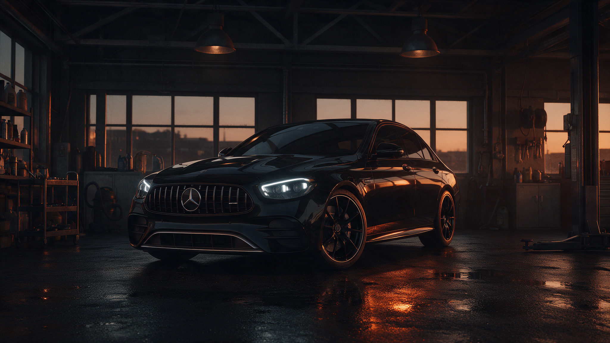 Mercedes-AMG E53 in een donkere tuningwerkplaats
