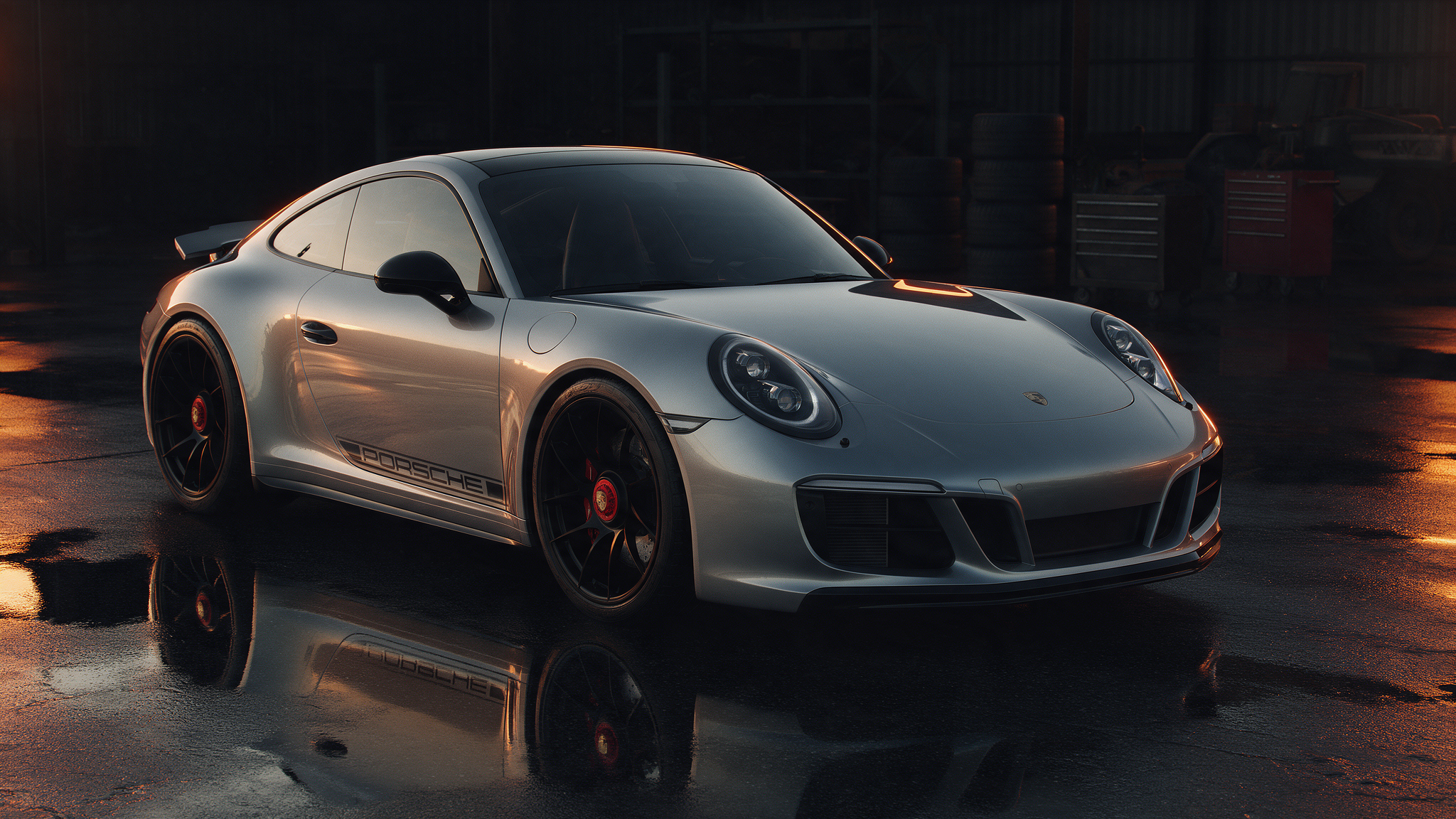 Porsche 911 991.2 Carrera GTS in donkere werkplaats