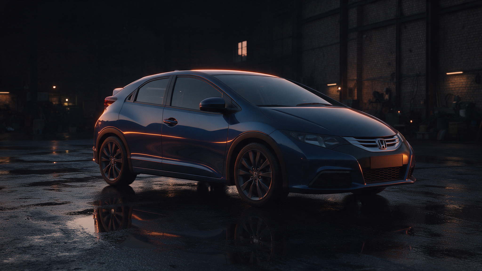 Honda Civic hatchback in donkere werkplaats