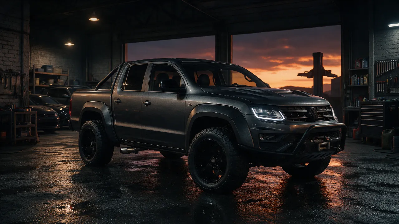 Volkswagen Amarok 3.0 V6 TDI in een donkere tuningwerkplaats