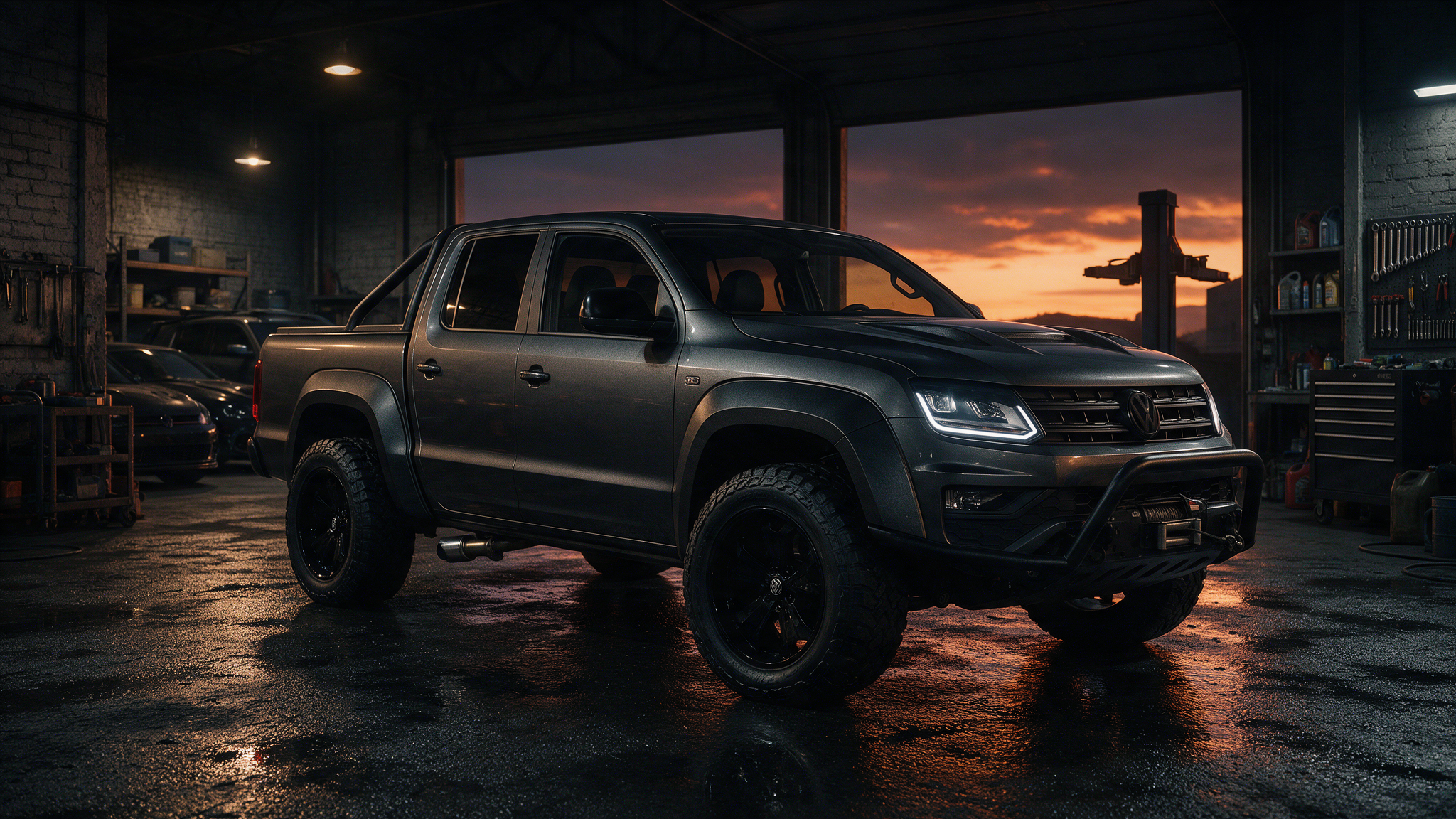 Volkswagen Amarok 3.0 V6 TDI in een donkere tuningwerkplaats