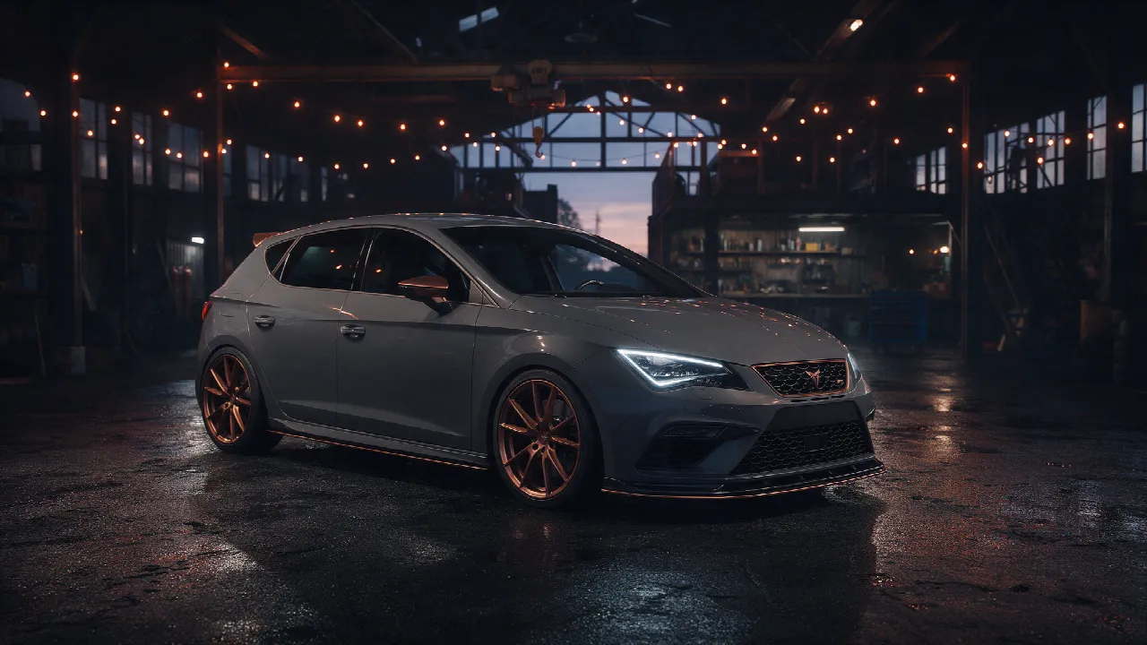 Seat Leon Cupra 290 in een donkere tuningwerkplaats