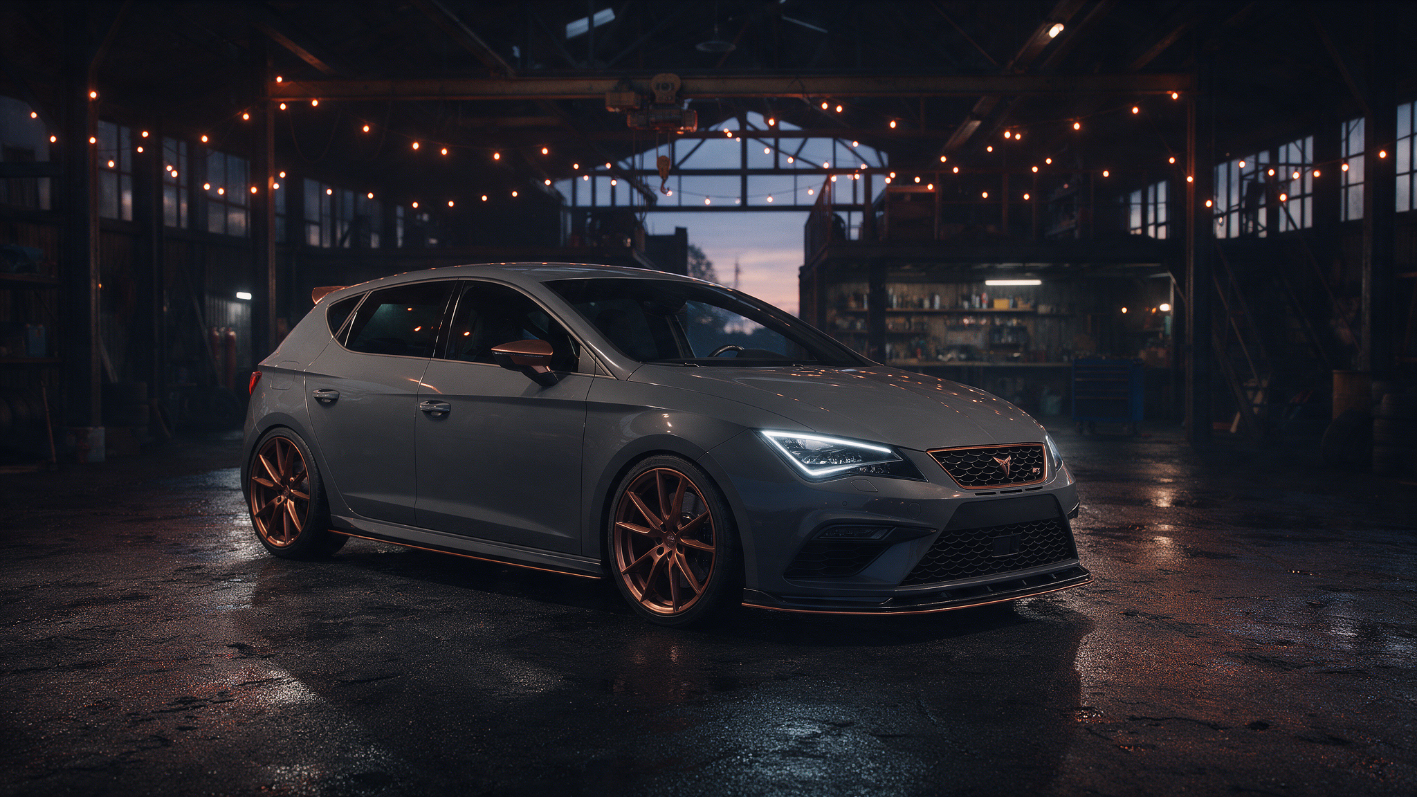 Seat Leon Cupra 290 in een donkere tuningwerkplaats