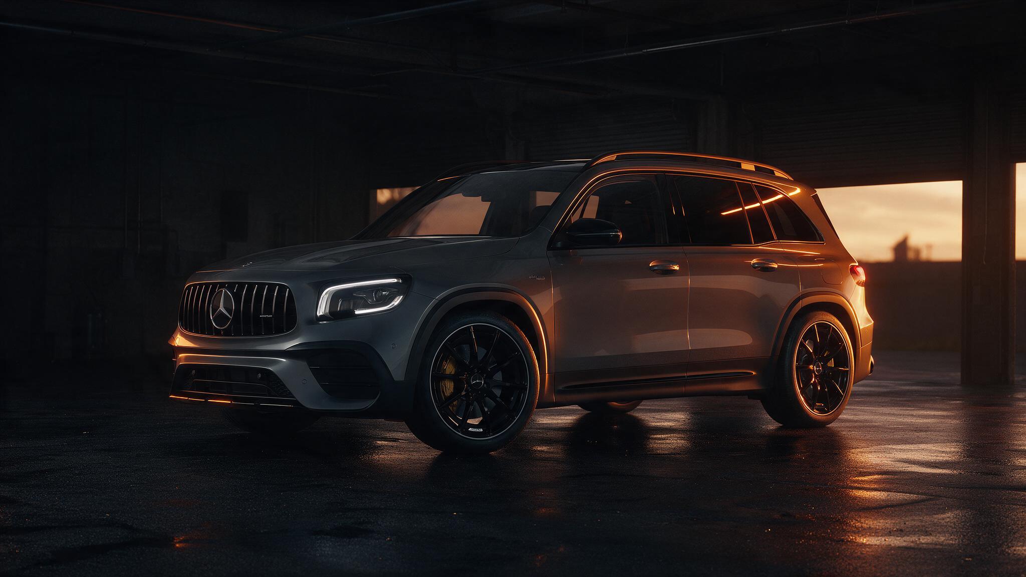 Mercedes-AMG GLB 35 in donkere werkplaats
