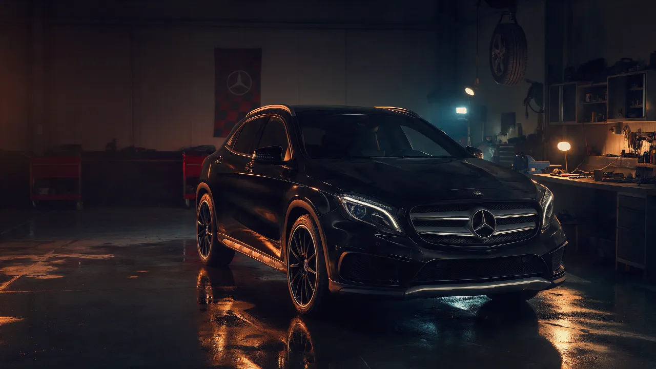 Mercedes GLA 250 in donkere werkplaats