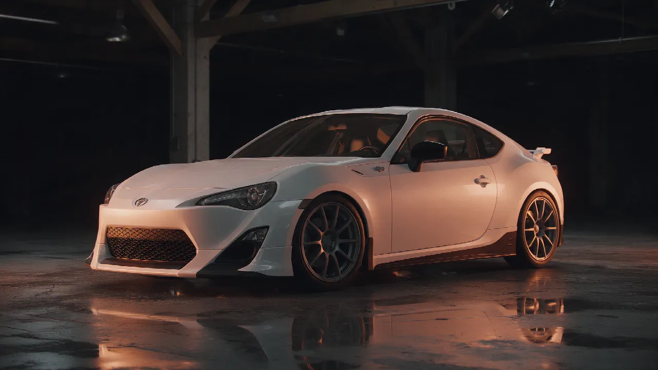 Toyota GT86 in donkere werkplaats
