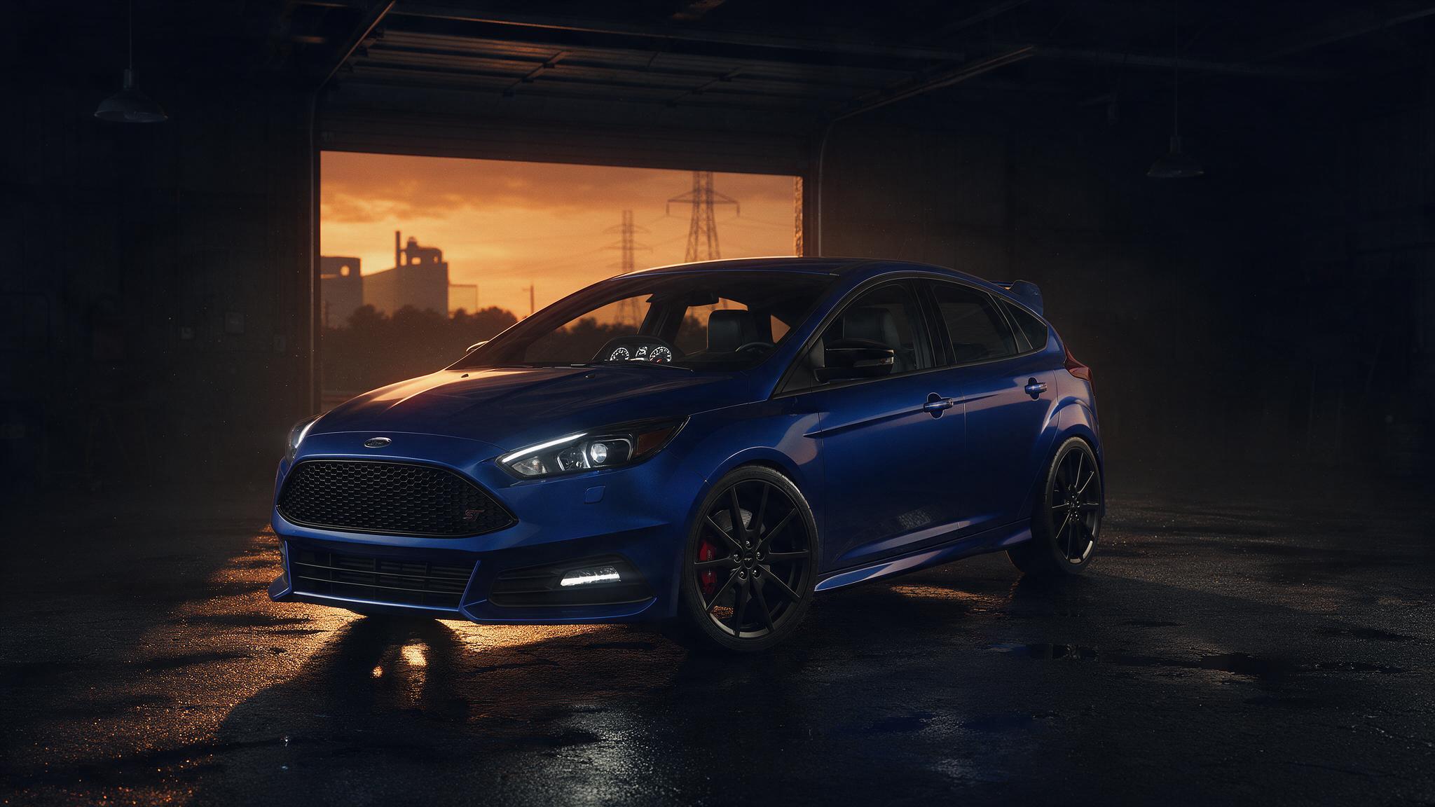 Ford Focus ST in donkere werkplaats