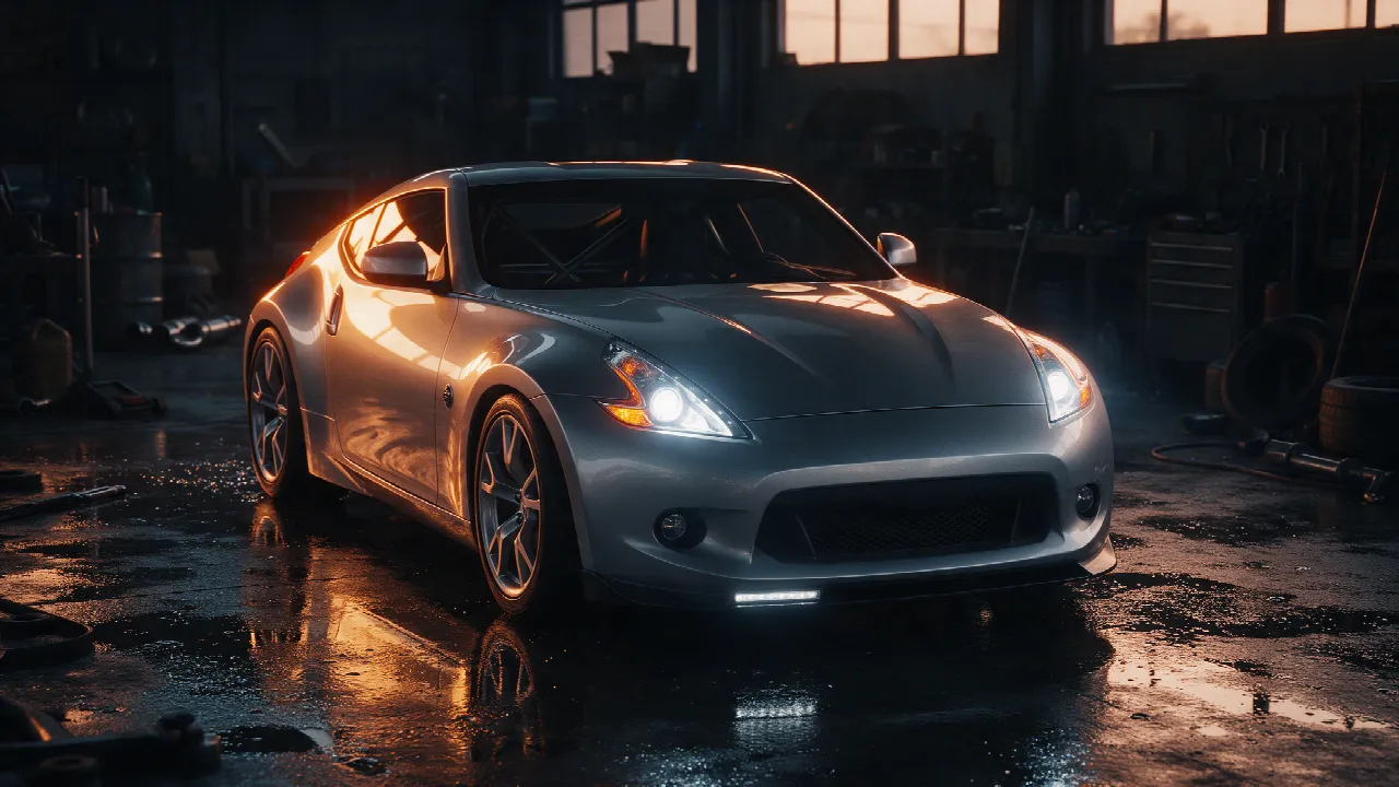 Nissan 370Z in donkere werkplaats