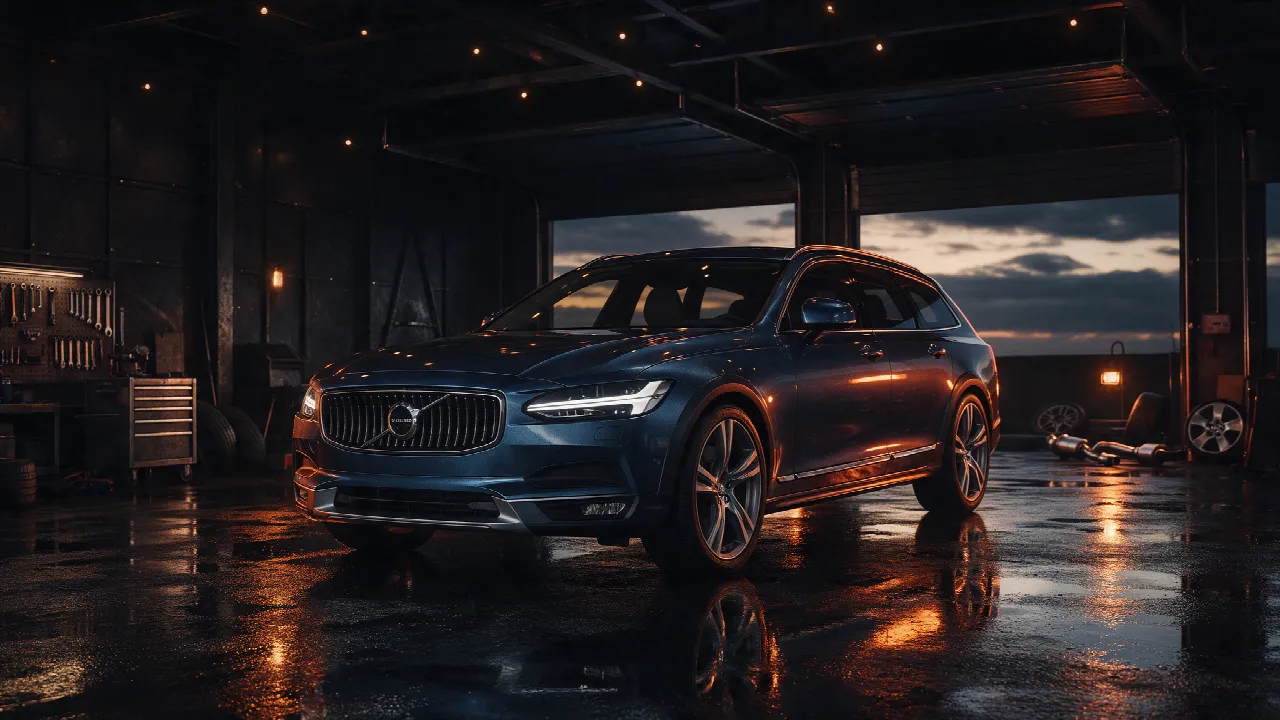 Volvo V90 T6 in een donkere tuningwerkplaats
