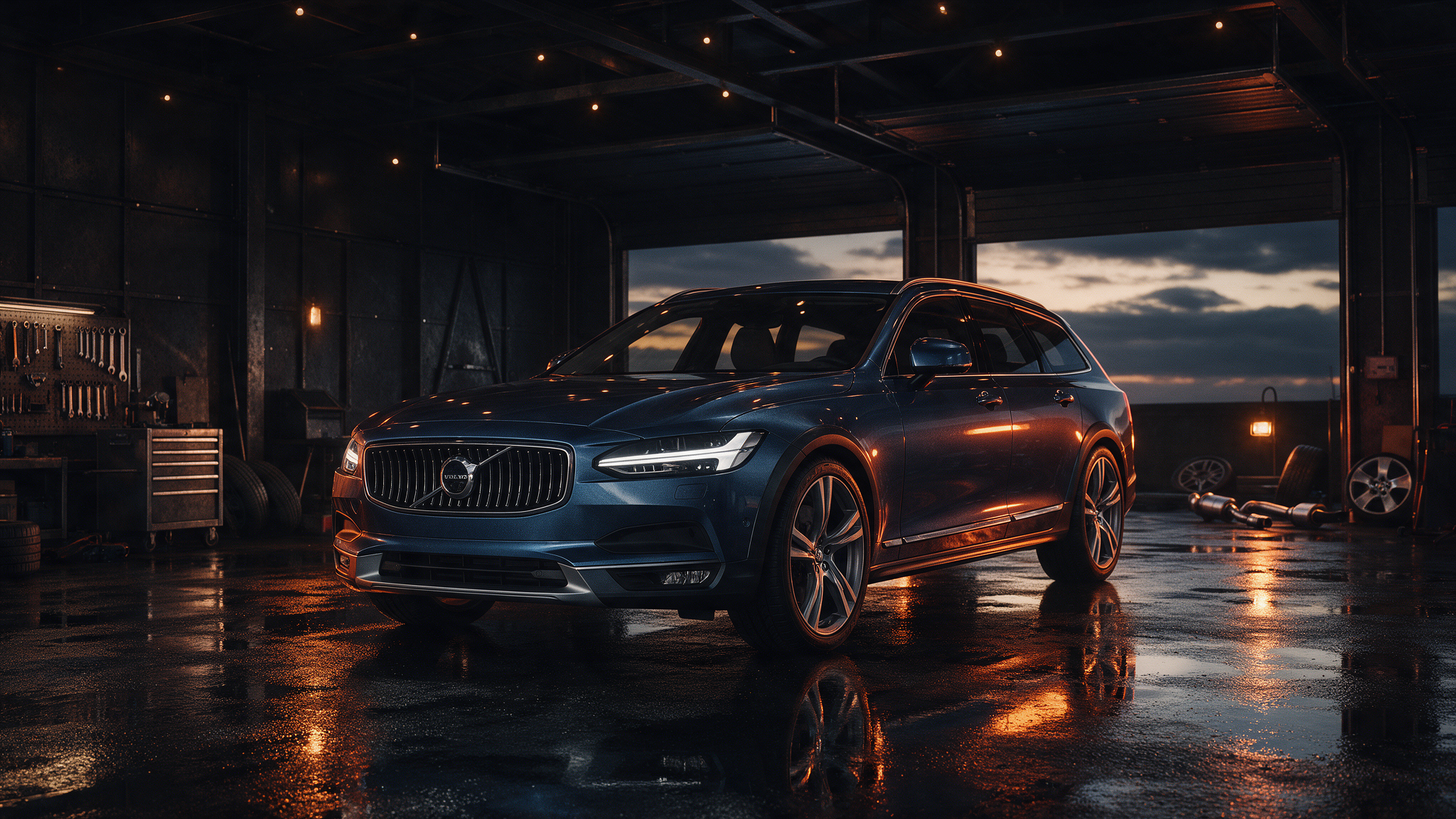 Volvo V90 T6 in een donkere tuningwerkplaats
