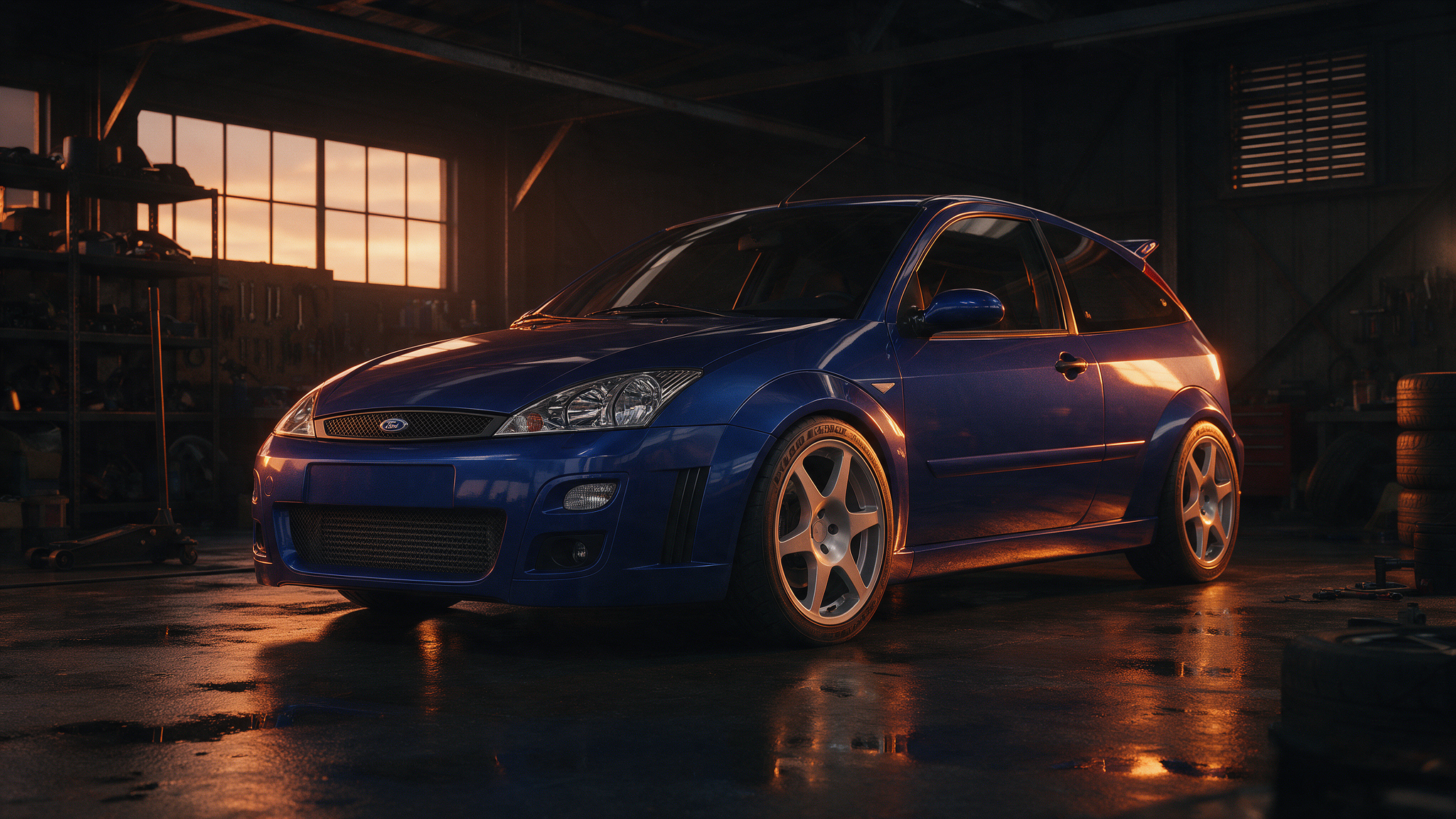Ford Focus RS Mk1 in donkere werkplaats