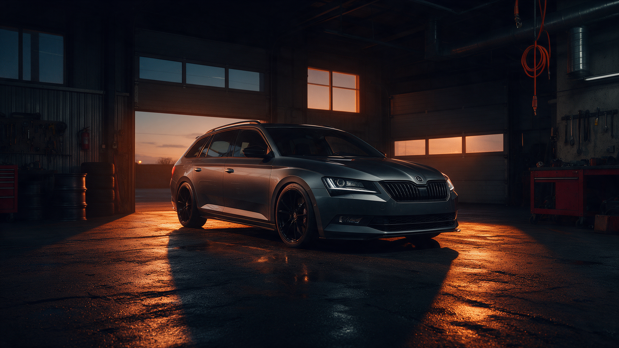 Skoda Superb 2.0 TSI in een donkere tuningwerkplaats