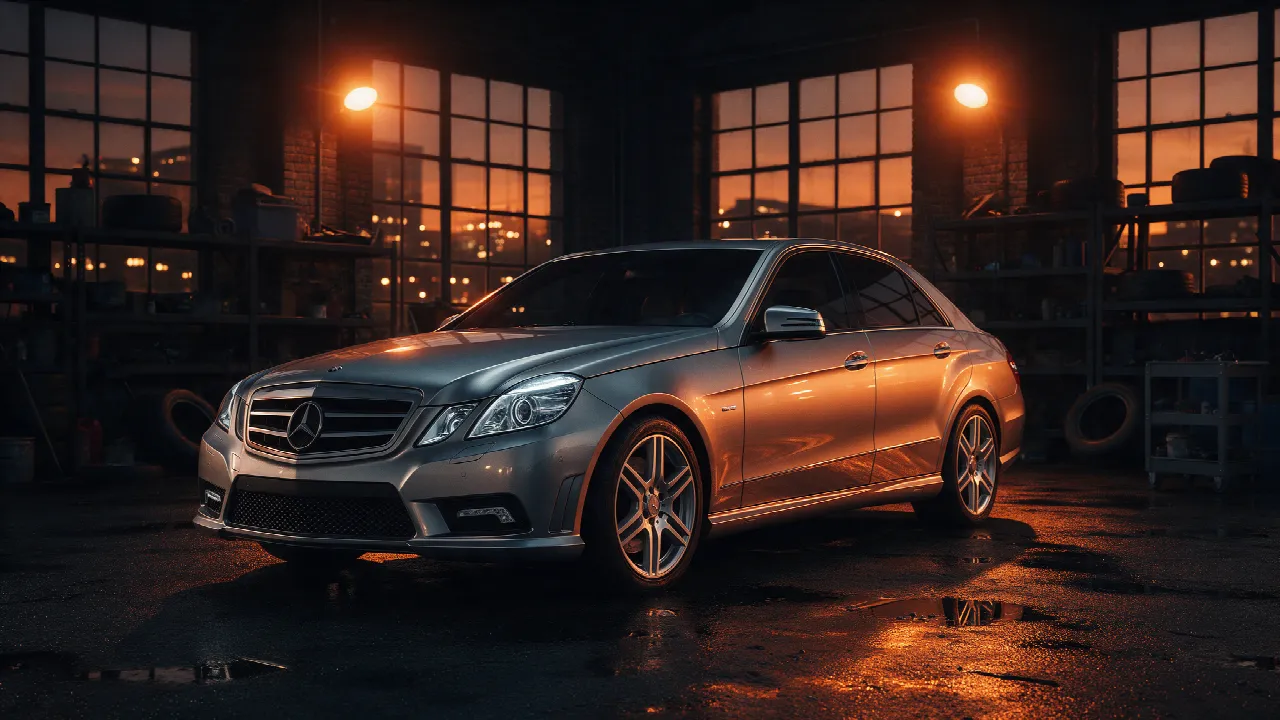 Mercedes-Benz E-Klasse W212 350 CDI in een donkere werkplaats