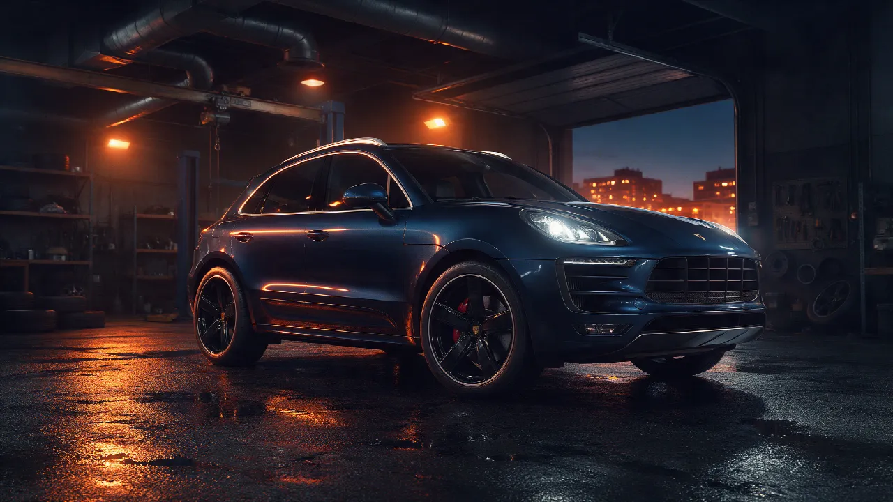 Porsche Macan S Diesel in een donkere werkplaats