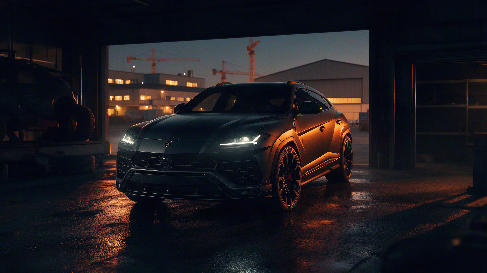 Lamborghini Urus in een donkere tuningwerkplaats