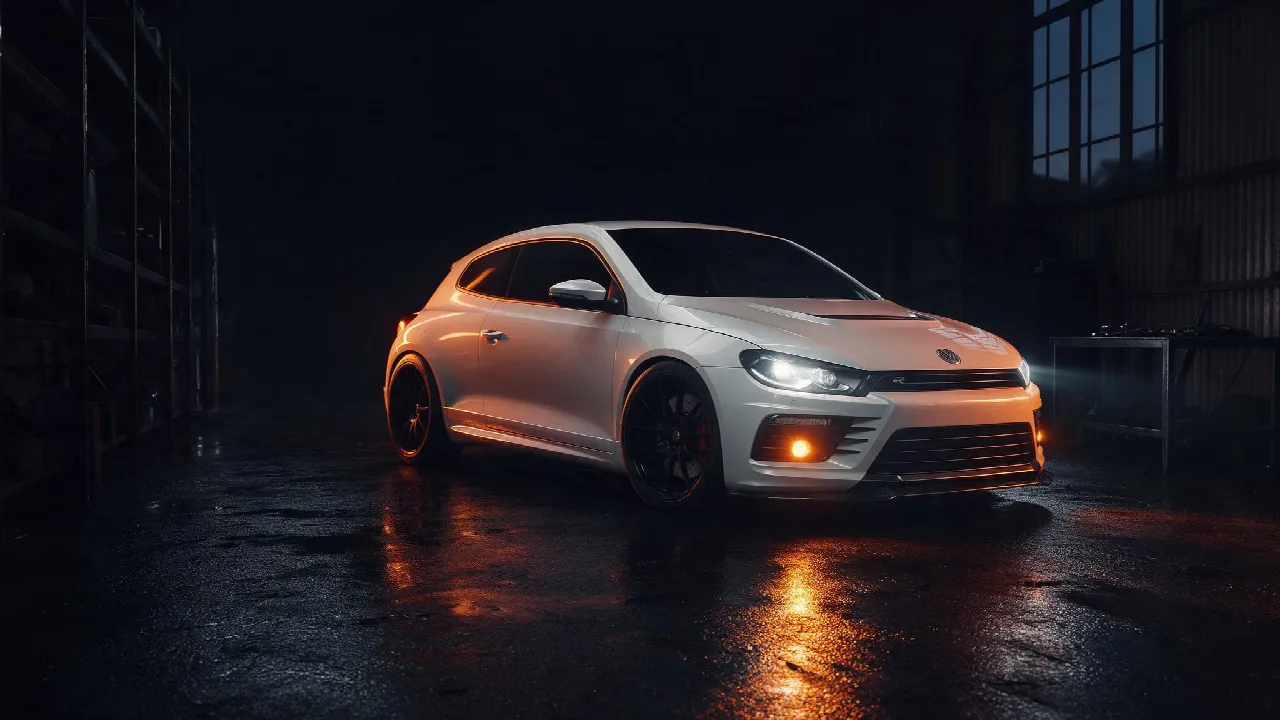 Volkswagen Scirocco 2.0 TSI in een donkere tuningwerkplaats