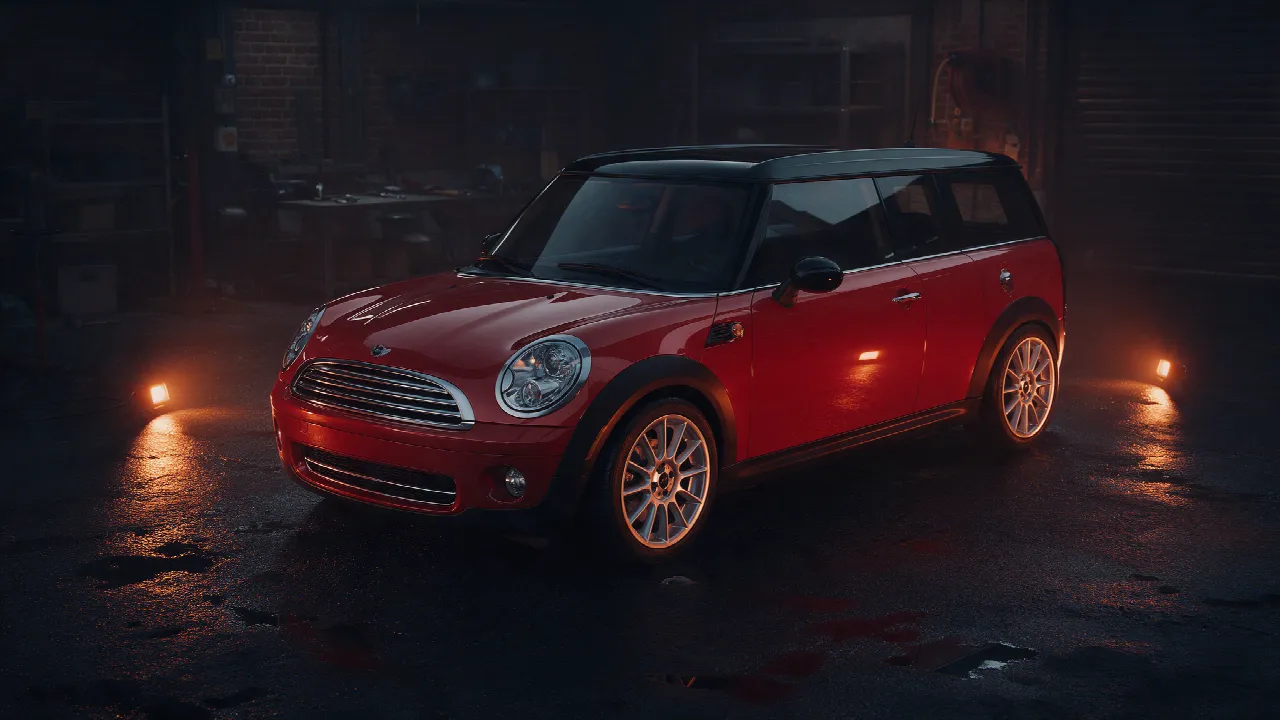 Mini Clubman R55 met 1.6 turbomotor in een donkere werkplaats