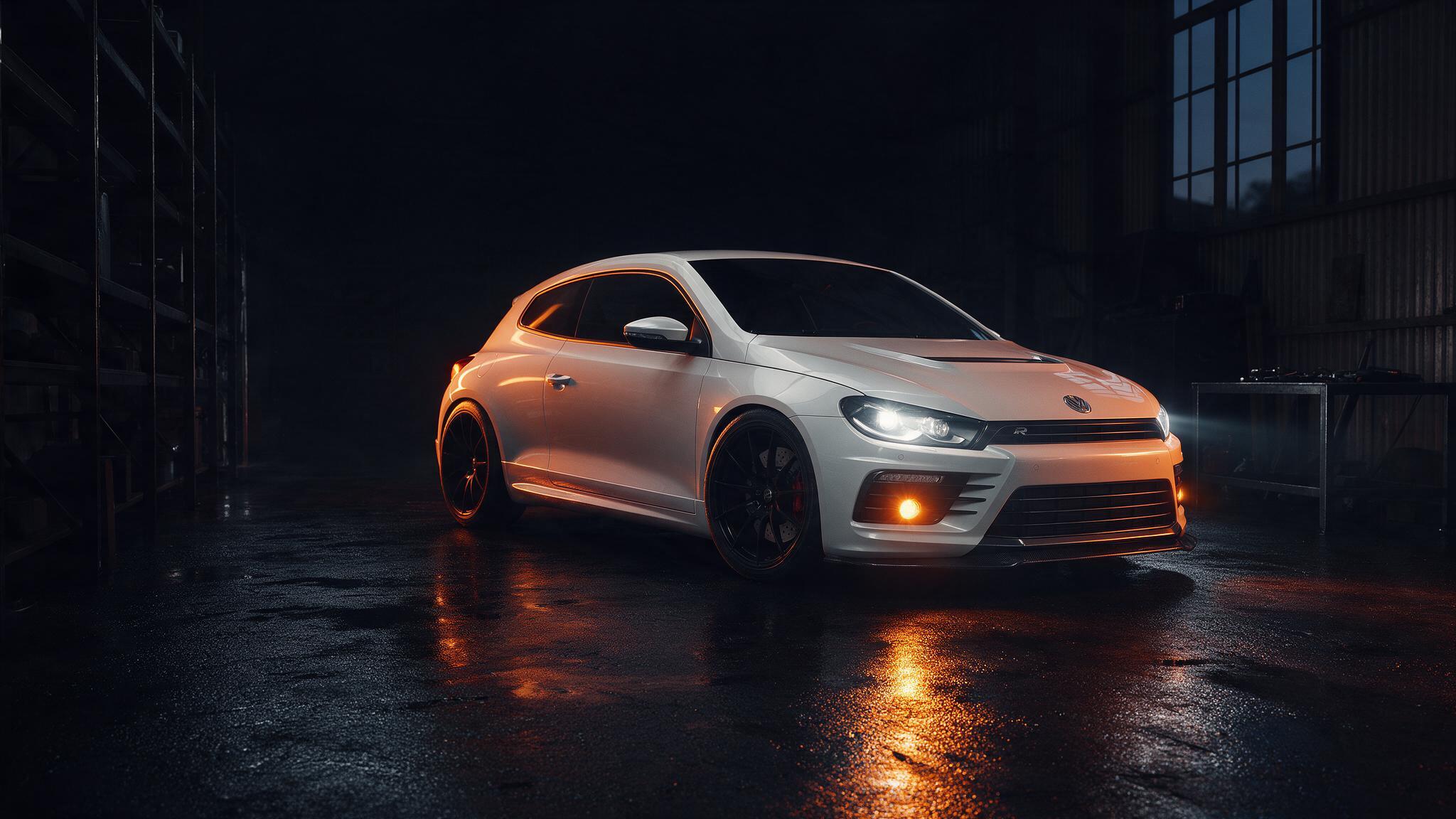 Volkswagen Scirocco 2.0 TSI in een donkere tuningwerkplaats