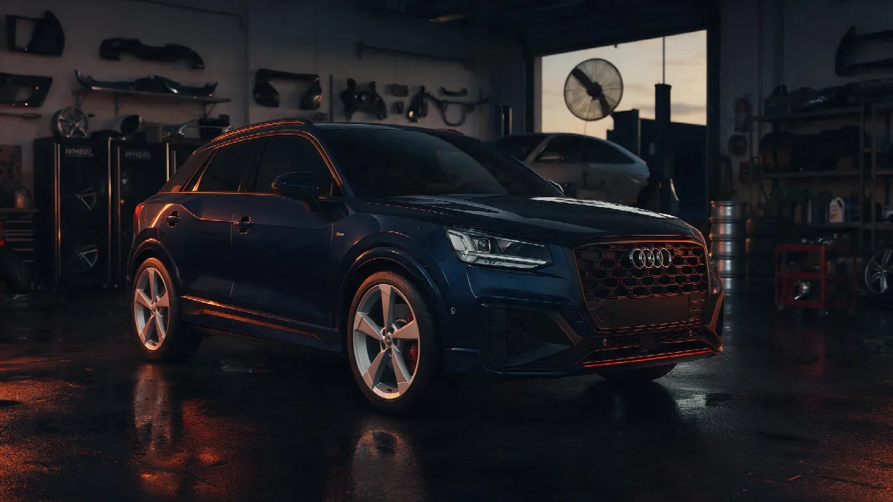 Audi Q2 40 TFSI in een donkere tuningwerkplaats