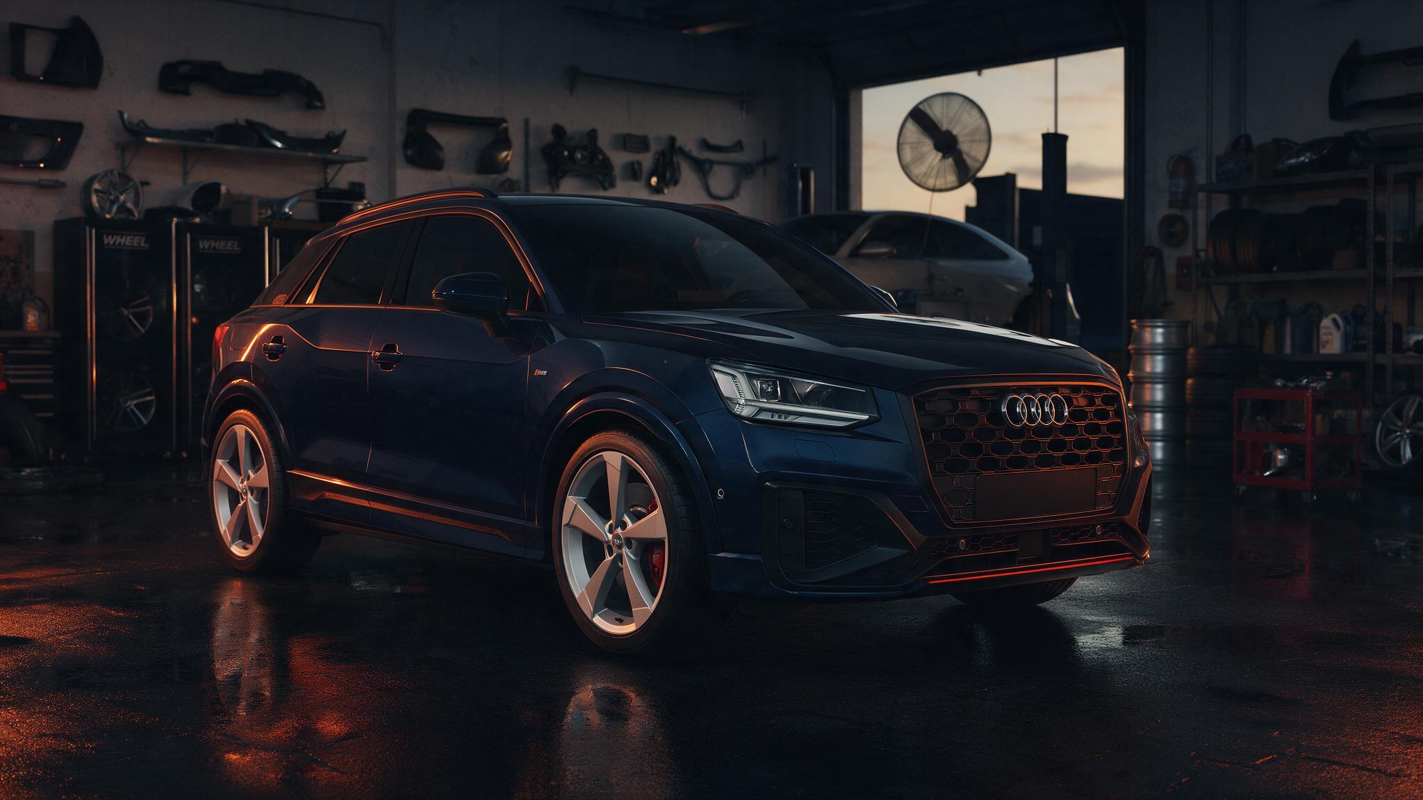 Audi Q2 40 TFSI in een donkere tuningwerkplaats