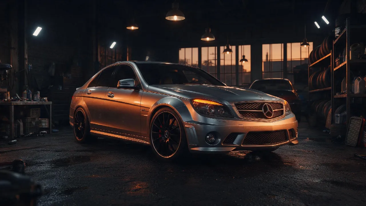 Mercedes C63 AMG W204 in een donkere tuningwerkplaats